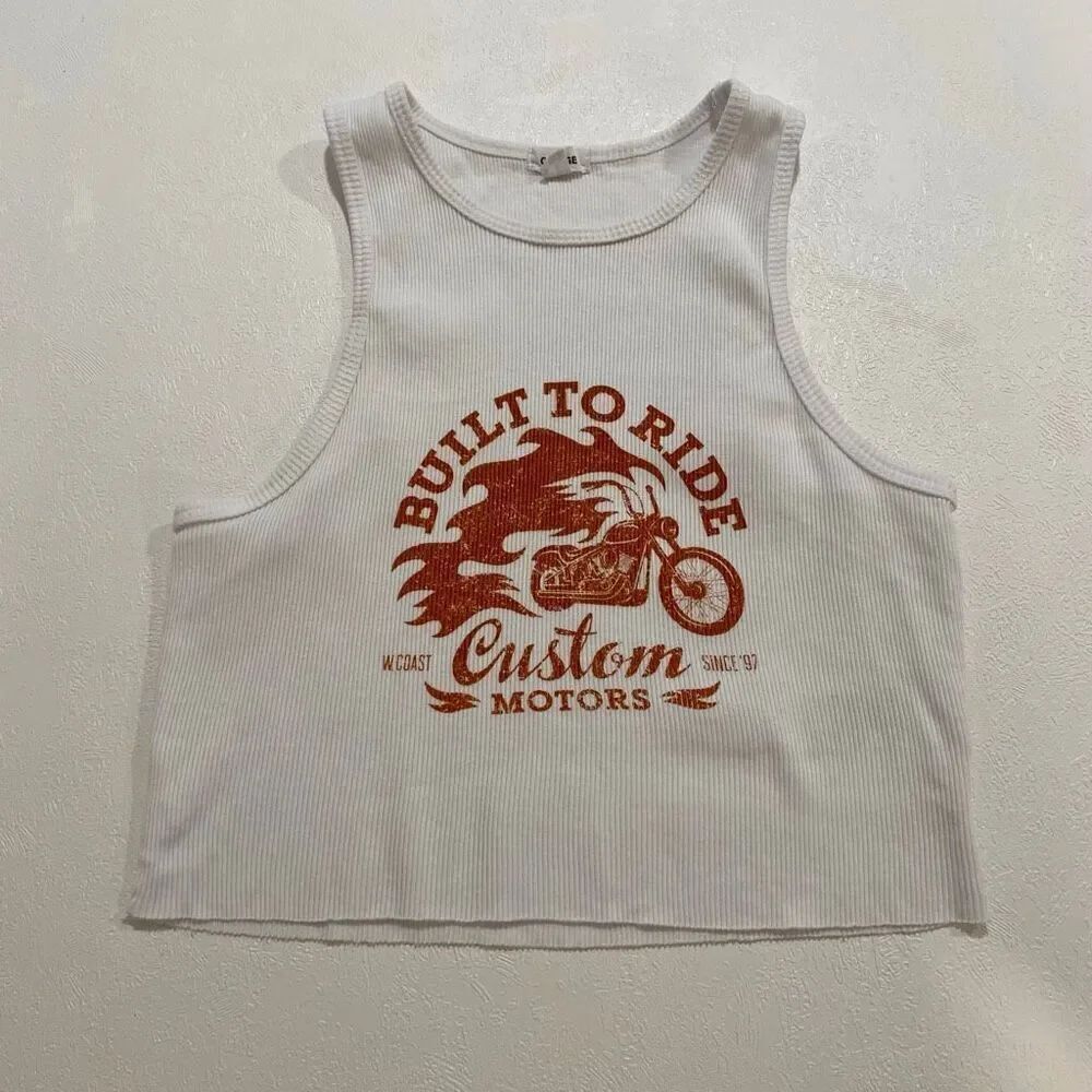 Garage Built To Ride Moto Graphic Ribbed Crop Tank Top White Size S